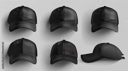 Realistic 3D mockup set of black caps, including sport baseball caps with visors and uniform hats from various angles. Ideal for headwear design illustrations.