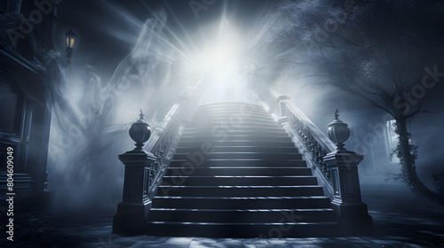 Haunting Images,As the fog settles a symmetrical staircase beckons with its handrail glowing in the light