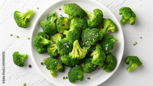 A photograph showcasing steamed broccoli arranged neatly on a white plate, set against a clear background with no distractions, captured from a top-down perspective, emphasizing food presentation.