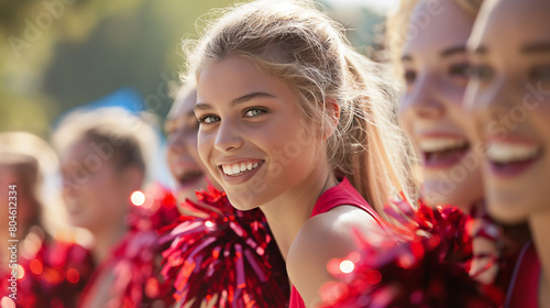 Close-up of cheerleaders in vibrant uniforms, pom-poms mid-motion, capturing the energy and spirit of the routine, facial expressions full of enthusiasm 