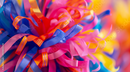 Vibrant detail of a cheerleading pompom, mid-shake, with colorful ribbons blurring into an artistic pattern, emphasizing movement and festivity