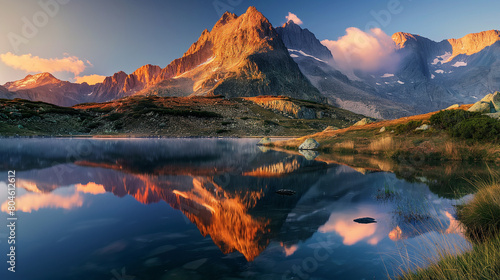 Majestic mountain scenery at sunrise, peaks bathed in golden light, reflecting the awe-inspiring beauty of nature