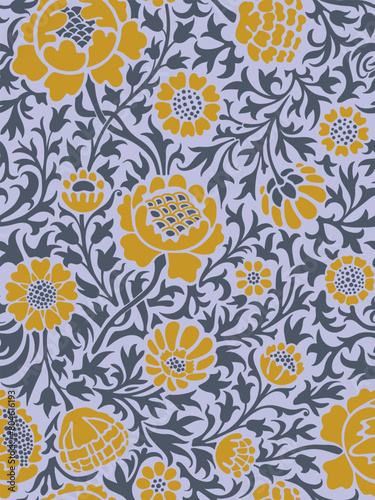 Hand drawn seamless pattern with beautiful flowers, berries and leaves. Vector illustration, retro style.