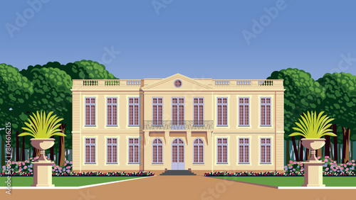 Traditional romantic old chateau with garden, flowering beds and trees. Handmade drawing vector illustration.