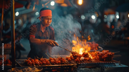 A street food vendor grilling chicken over an open flame, attracting hungry passersby with enticing aromas."
