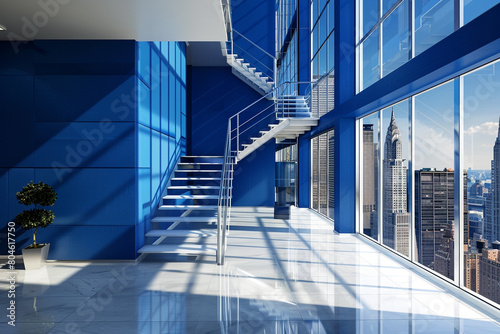 Chic cobalt blue entrance hall with a minimalist staircase and panoramic windows in a contemporary American setting.