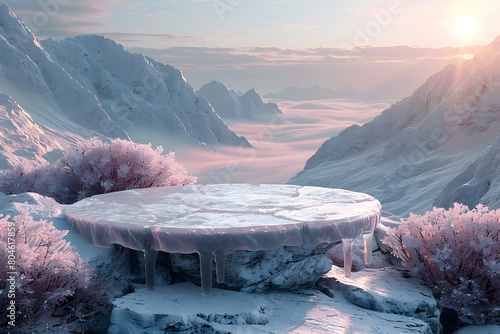 Ice frozen podium 3D mockup background for beauty product presentation. Snow winter transparent copy space platform surrounded by mountains. Cosmetics, perfume or home goods advertising stand.