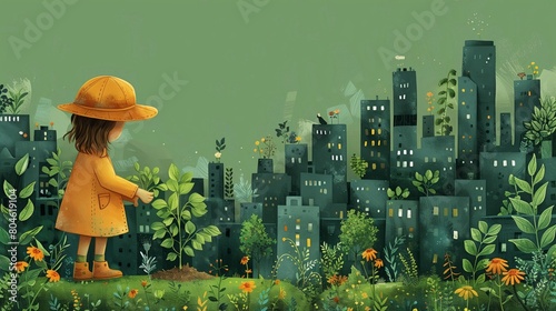 A child gardener in an urban setting, flat solid color illustration, sage green background, detailing the cityscape and the small green patch.