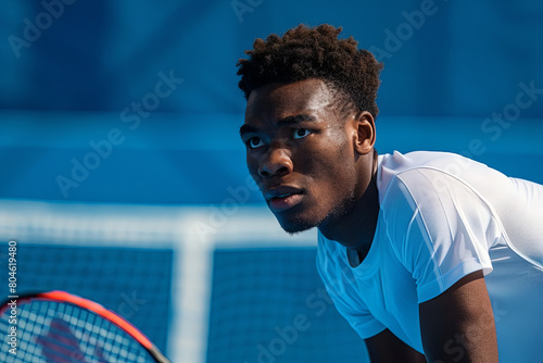 Male tennis player poised in anticipation, awaiting his opponent's serve with focus and determination