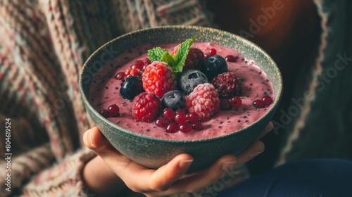 A woman holding a bowl of blended fruit smoothie topped with fresh berries, a taste of pure delight."