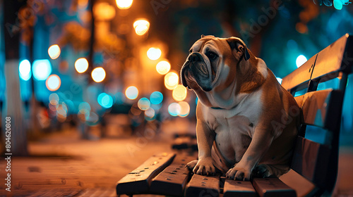 Urban style, Bulldog, sitting on a bench