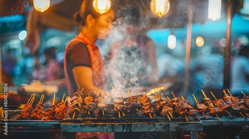 An Asian street food vendor grilling skewers of flavorful pork ribs, a culinary delight."