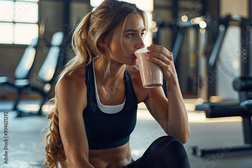Female athlete taking a well-deserved break, sitting and replenishing with a protein shake after an intense workout or exercise session at the gym, emphasizing the importance of recovery