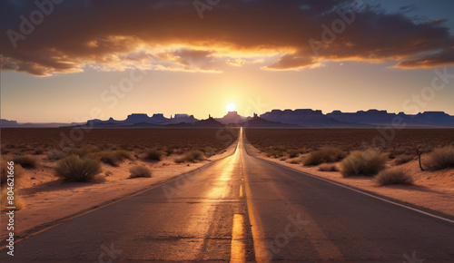 The landscape of the road stretching into the distance. The American highway. The wilderness, a rural country road. The empty road of dreams. Desert background landscape emptiness