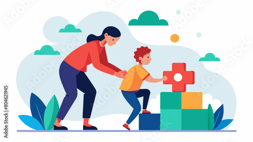 A life skills coach assisting an individual with exeive functioning difficulties in breaking down large tasks into smaller manageable steps.. Vector illustration
