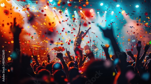 Crowd of people having fun while watching, dj on stage with lights on head and raise your hand in the air confetti fireworks at music festival
