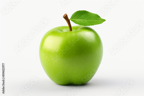 Single green apple fruit with green leaf isolated on transparent background. Granny smith apple. Full Depth of Field
