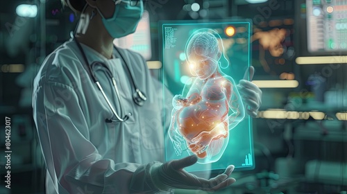 A doctor examines a 3D ultrasound scan of a fetus.