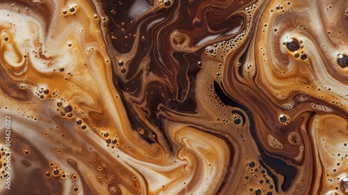 Close up abstract brown caramel shapes latte art in coffee. Liquid texture coffee background macro. Cappuccino and milk foam close up view. High quality photo