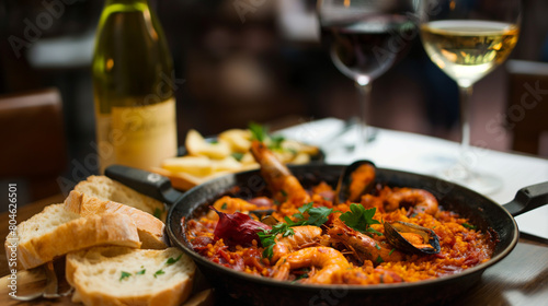 Prato com comida e vinho em um restaurante 