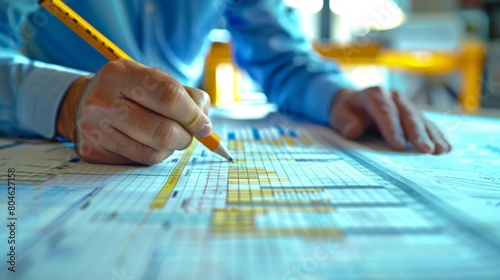 Close-up image of a project manager's hand with pencil over a gantt chart, depicting project planning