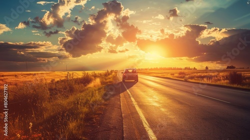 A car drives down a rural road as the sun sets, casting a warm glow on the landscape.