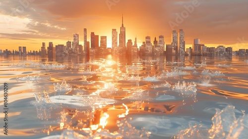 Urban skyline disappearing under the encroaching waters of melting polar ice caps. Concept Climate Change, Rising Sea Levels, Global Warming, Environmental Crisis, Urban Flooding