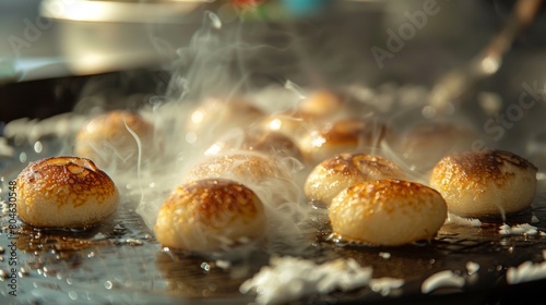 Close-up of delicate Thai coconut pancakes, or 'Khanom Krok,' sizzling on a hot griddle."