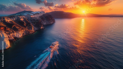 Romantic sunset cruise around Santorini, stunning sea views and cliffs, YouTube thumbnail with copy space for text on left