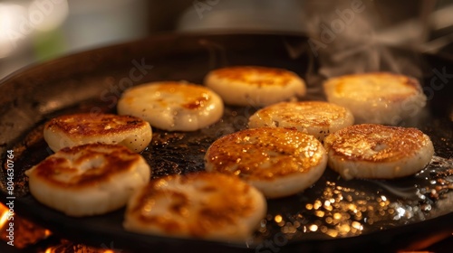 Close-up of delicate Thai coconut pancakes, or 'Khanom Krok,' sizzling on a hot griddle."