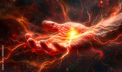 Powerful Electricity Wielder - Intense Muscular Male Figure Grasping Scarlet Lightning Bolt, Portraying Energy and Strength Concept