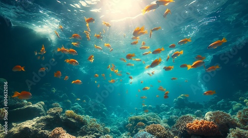 Underwater Scene with School of Fish