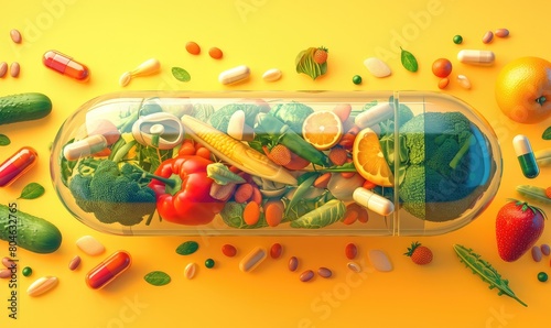 capsule with nutritional supplement and with nuts, beans, fruits, vegetables, on a yellow background, with copy space. Alternative medicine concept.