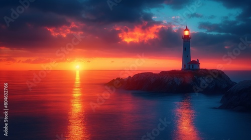 Illuminated Lighthouse at Sunset on Rocky Coast