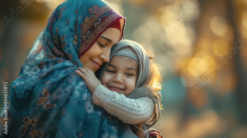 Islamic woman embraces her smiling daughter