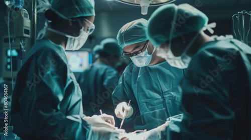 A team of surgeons perform an operation in a hospital operating room.