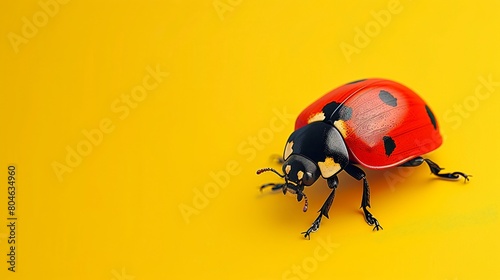 A bright red ladybug with black spots on a plain yellow background looking to the side.