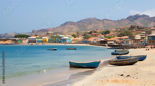 landscape of The Cape Verde islands in the early morning with houses on the sea coast. Old boats in the foreground. Mountains in the background.