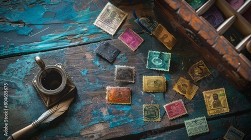 Philatelic Display of Vintage Stamps on Wooden Table.