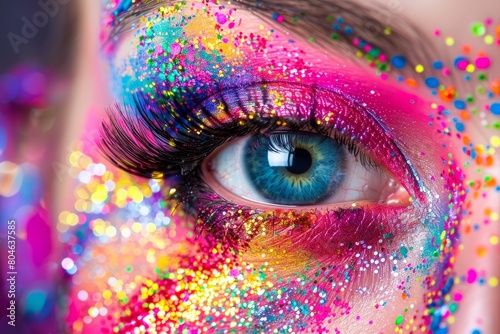 Blue eye close-up with colorful makeup and glitter for vibrant and glamorous look