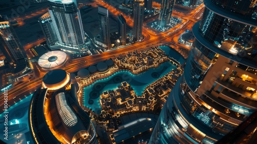 Fantastic rooftop view of a big modern city architecture at night with roads. Business bay, Dubai, United Arab Emirates.