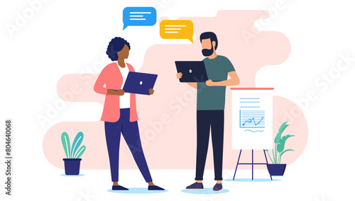 Man and woman with computers - Two people in office having a business conversation while standing, talking and discussing work together. Flat design vector illustration with white background