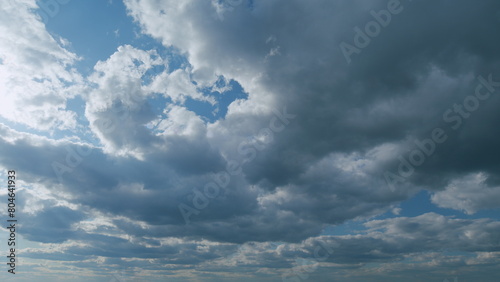 Clear blue sky with white wispy smoke stratocumulus clouds. Blue sky background with tiny stratus clouds. Timelapse.