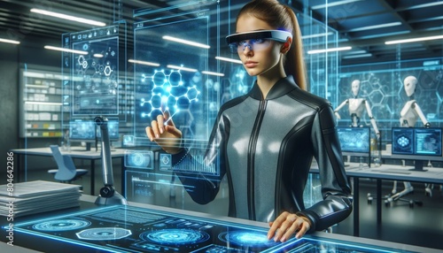 A futuristic high-tech lab featuring a woman AI researcher, wearing augmented reality glasses
