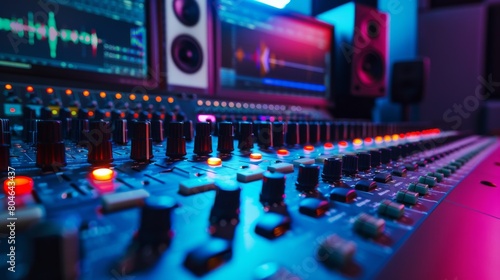 A sound engineer is working at a mixing console in a recording studio.