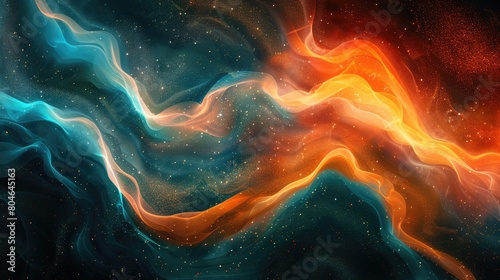 A colorful space scene with blue and orange swirls. The colors are vibrant and the scene is full of energy