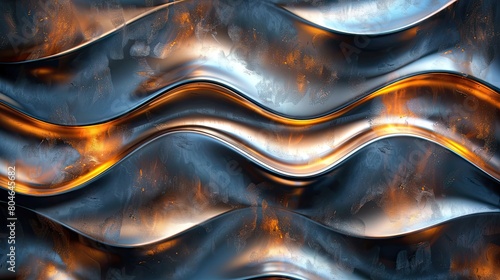 A shiny silver wave with orange highlights. The wave is made of metal and has a metallic sheen