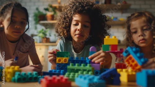 Children engaged in creative play with colorful building blocks