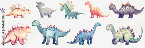 Sticker. a set of watercolor dinosaurs on a white background. Generative AI