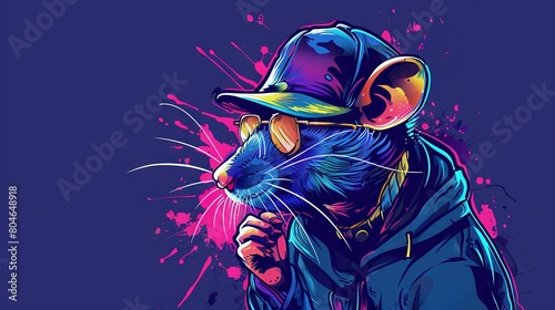  A rat wearing a baseball cap, depicted in a painting with splattered background